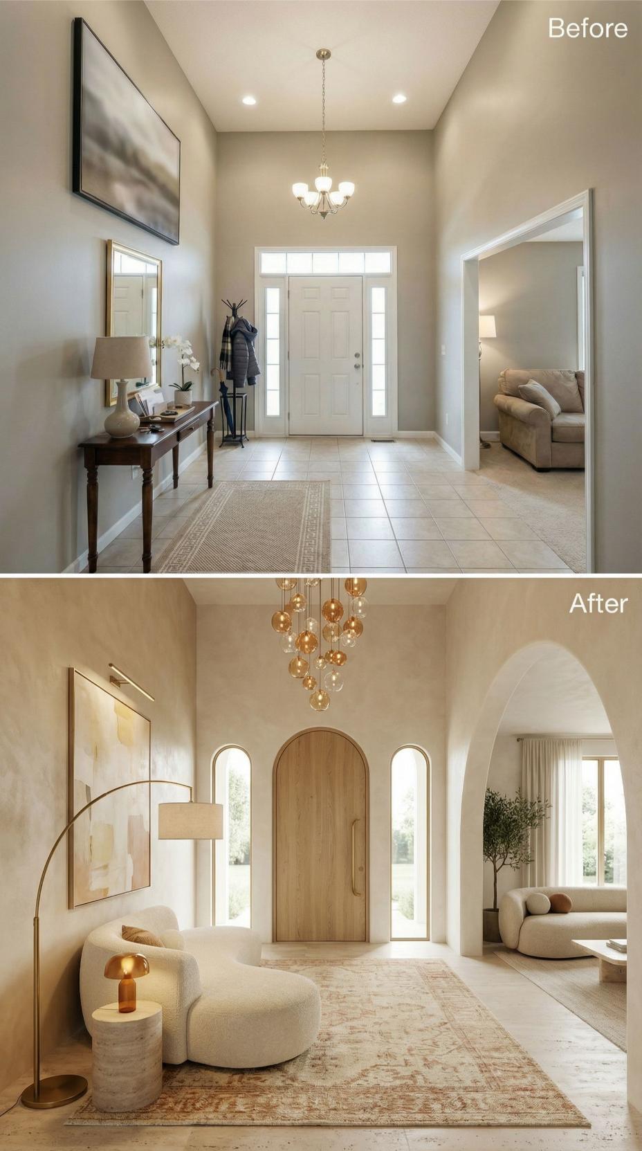 Arched Doorways and Cascading Amber Glass Spheres Replace Builder-Grade Foyer