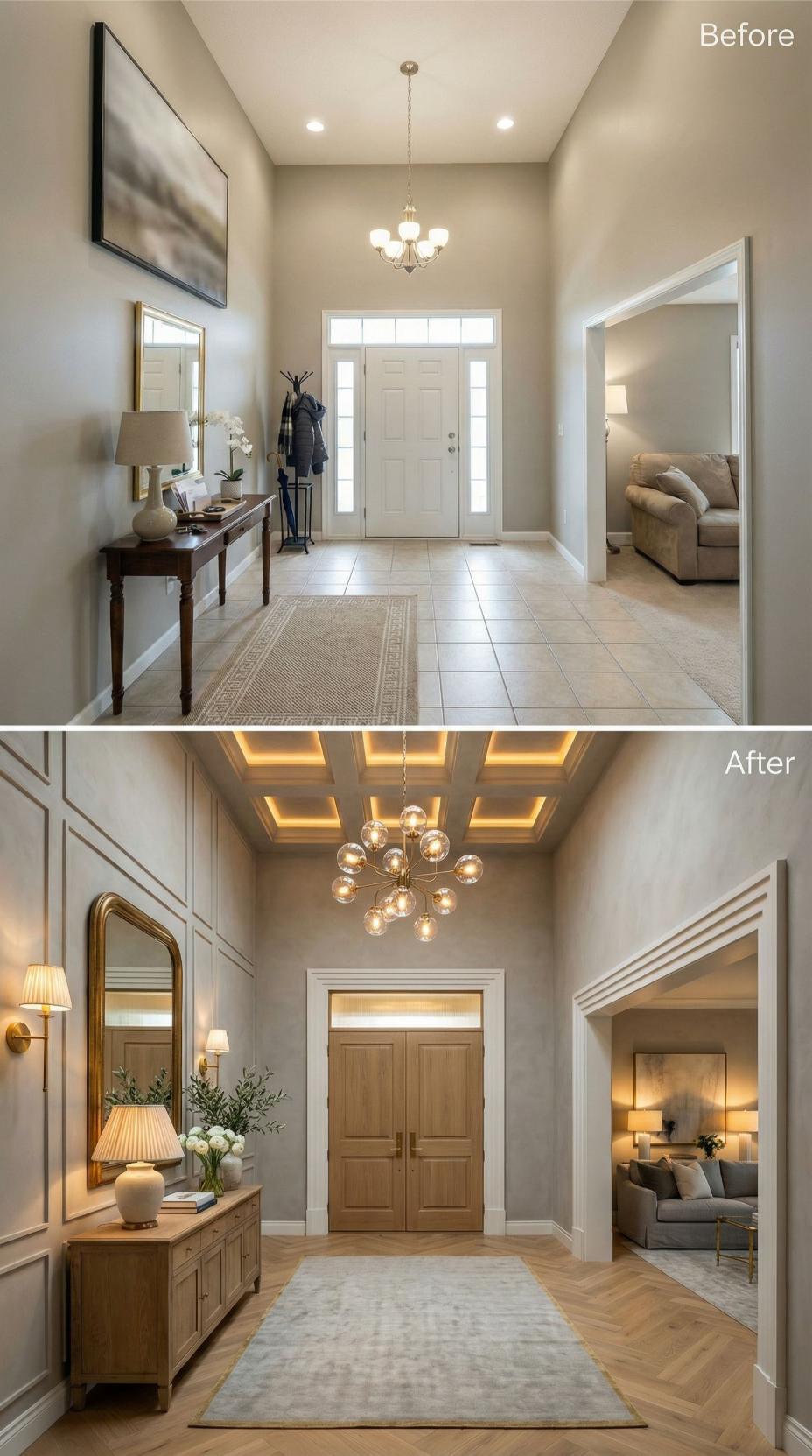 Coffered Ceiling with LED Cove Lighting and Sputnik Globe Chandelier