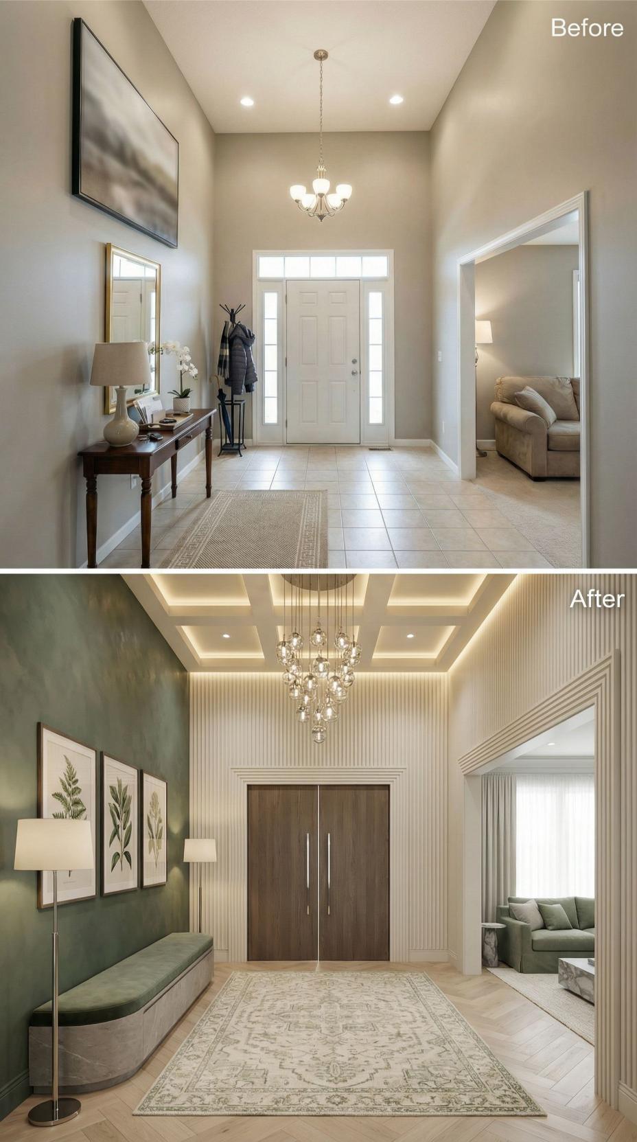 Sage Green Walls and Coffered Tray Ceiling with Hidden LED Border