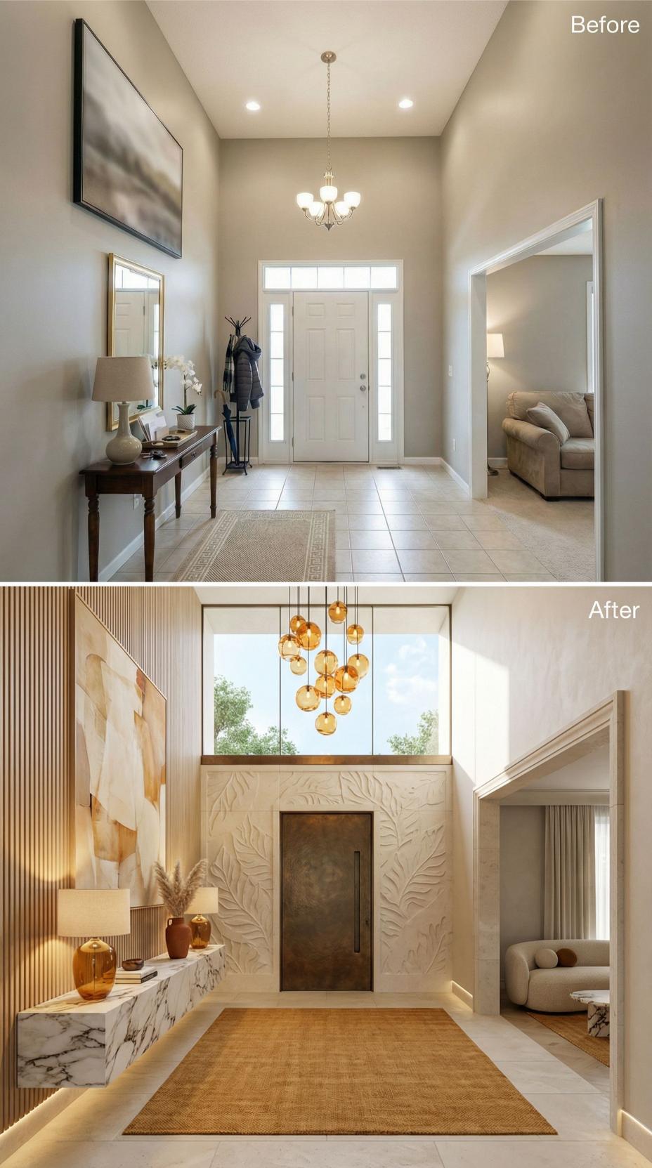 Carved Leaf Relief Walls and Clustered Amber Glass Globes Replace Beige Builder Box