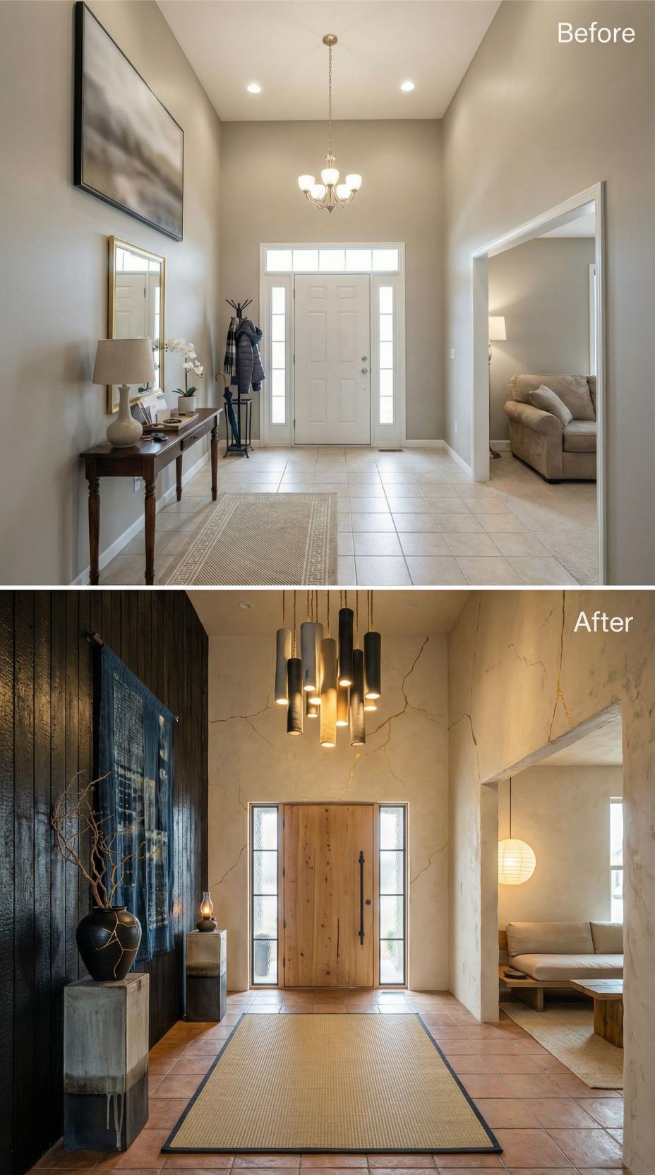 Warm Marble Veining and Black Tubular Pendant Cluster Replace Beige Monotony