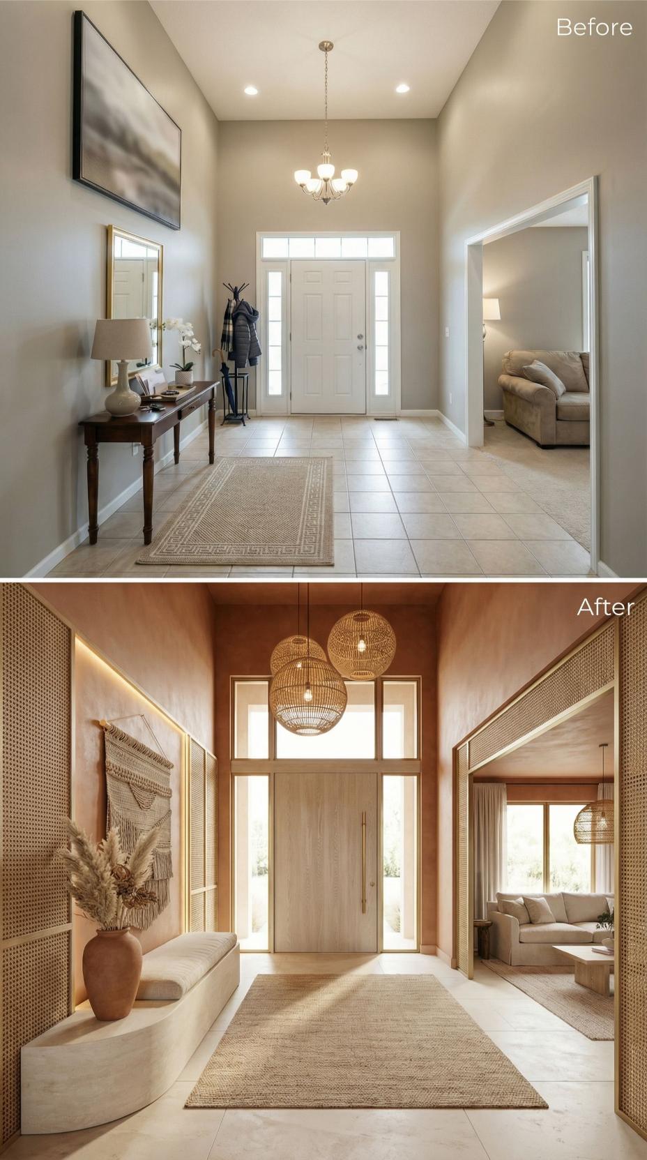 Burnt Sienna Walls and Rattan Pendant Globes Shift Neutral Entry