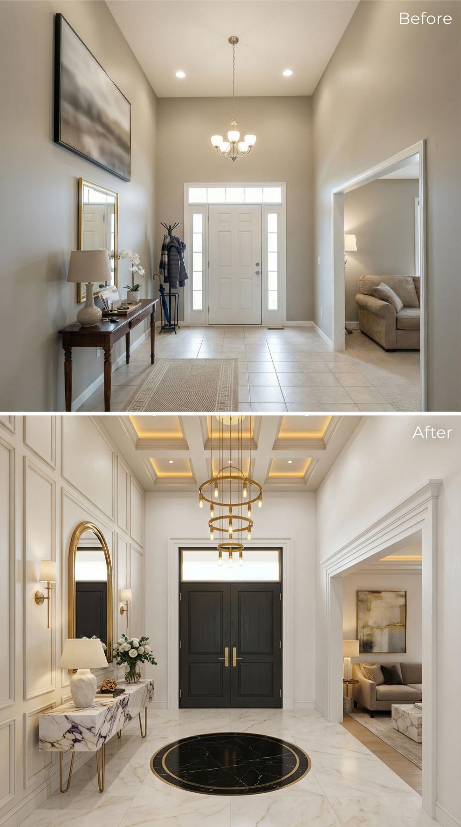 Coffered Ceiling Recesses with Brass Halo Chandelier and Wainscot Grid
