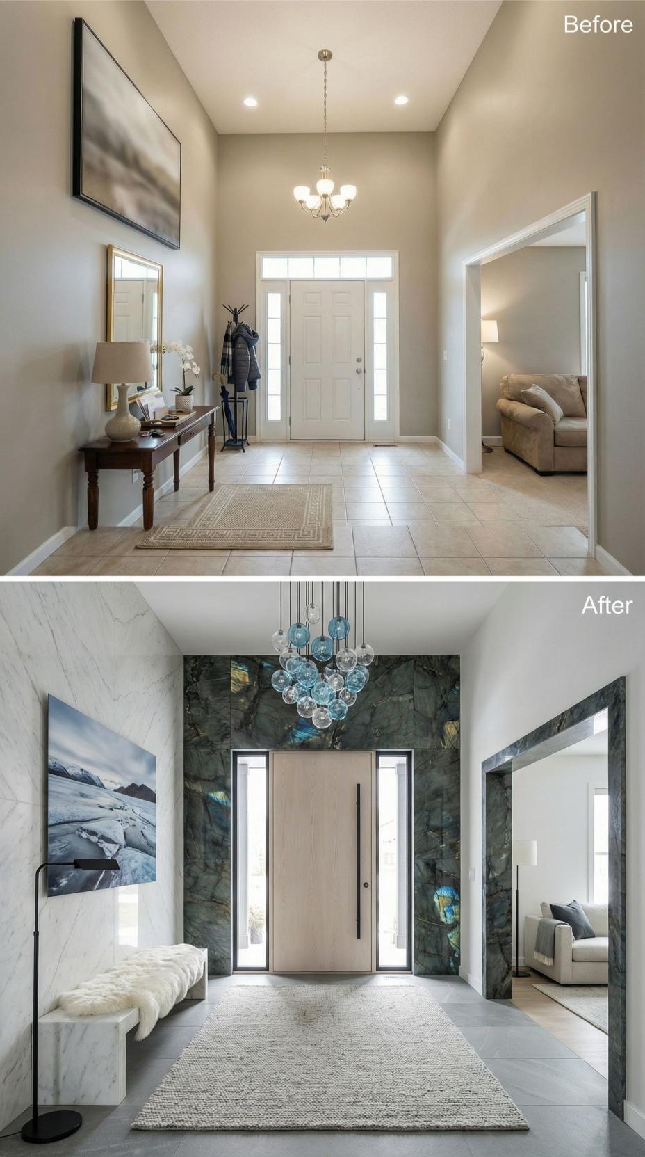 Labradorite Accent Wall and Blue Bubble Chandelier Over Marble Bench