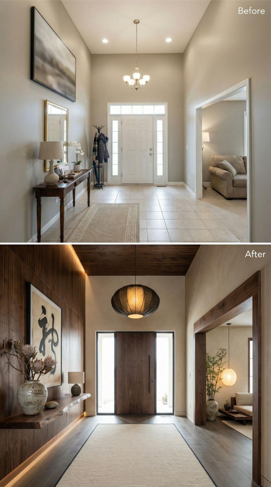 Dark Walnut Wall Cladding and Glowing Lantern Pendant Replace Beige Tile