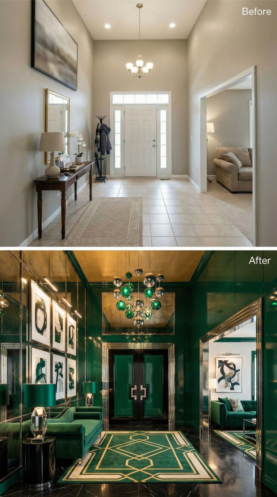 Emerald Lacquered Walls and Geometric Gold Inlay Floor Deliver Art Deco Drama