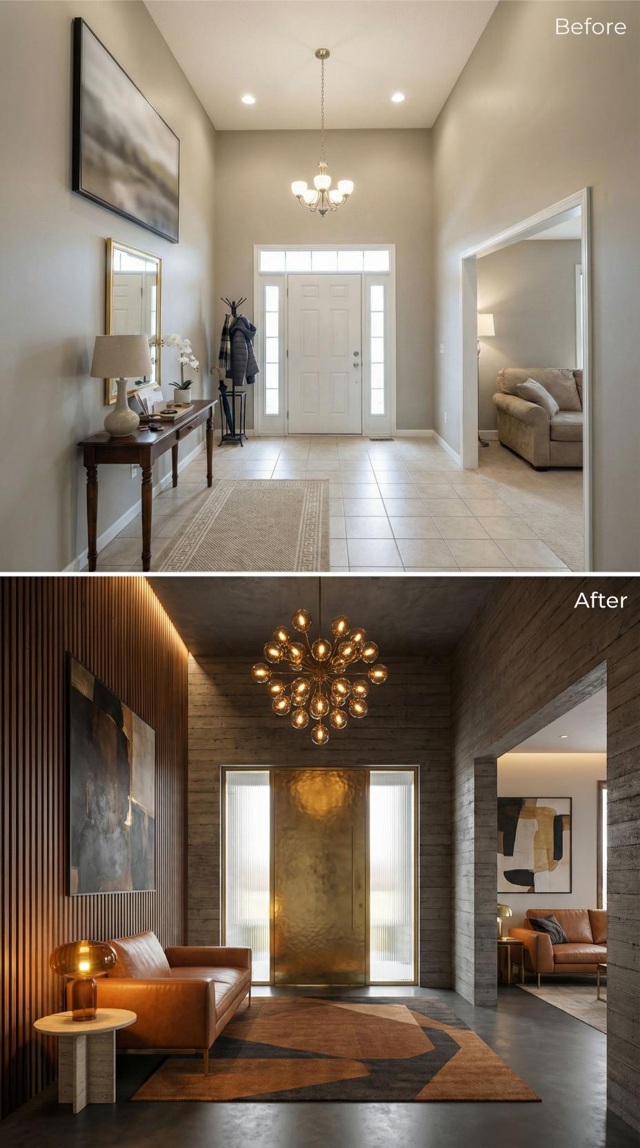 Charcoal Ribbed Wood and Sputnik Chandelier Replace Beige Tile Foyer