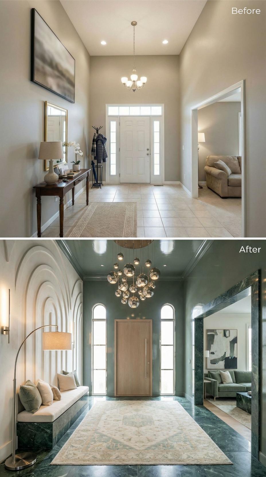 Sage Green Walls and Sculptural Plaster Arches Frame Built-In Bench