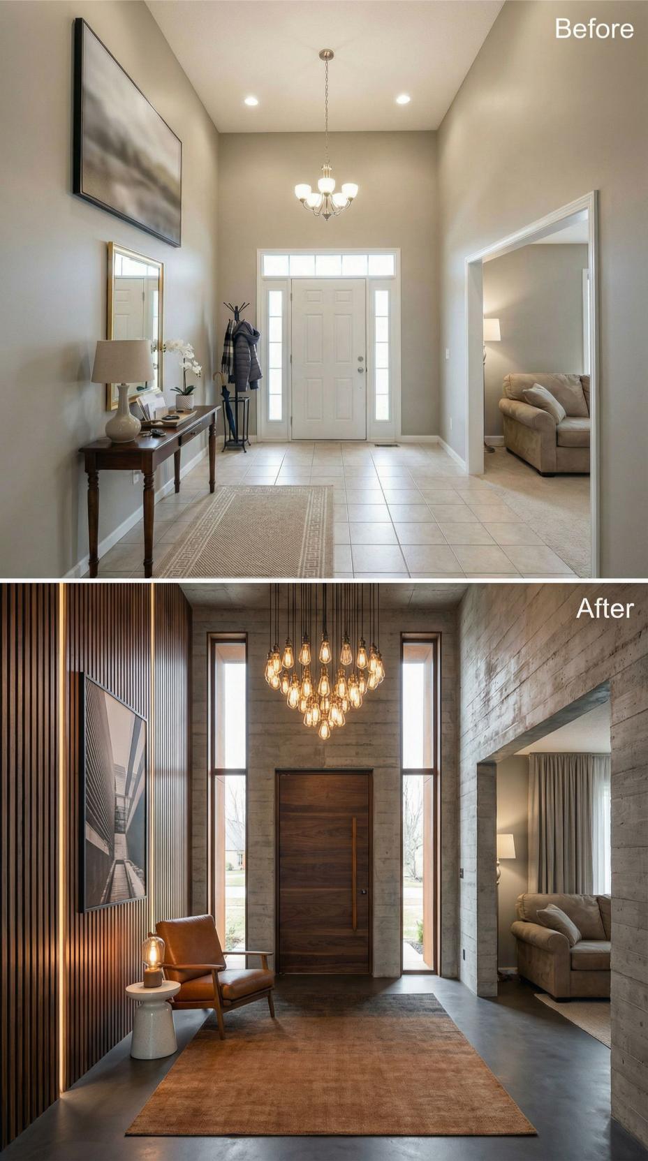 Vertical Slat Walnut Cladding and Multi-Tier Edison Chandelier