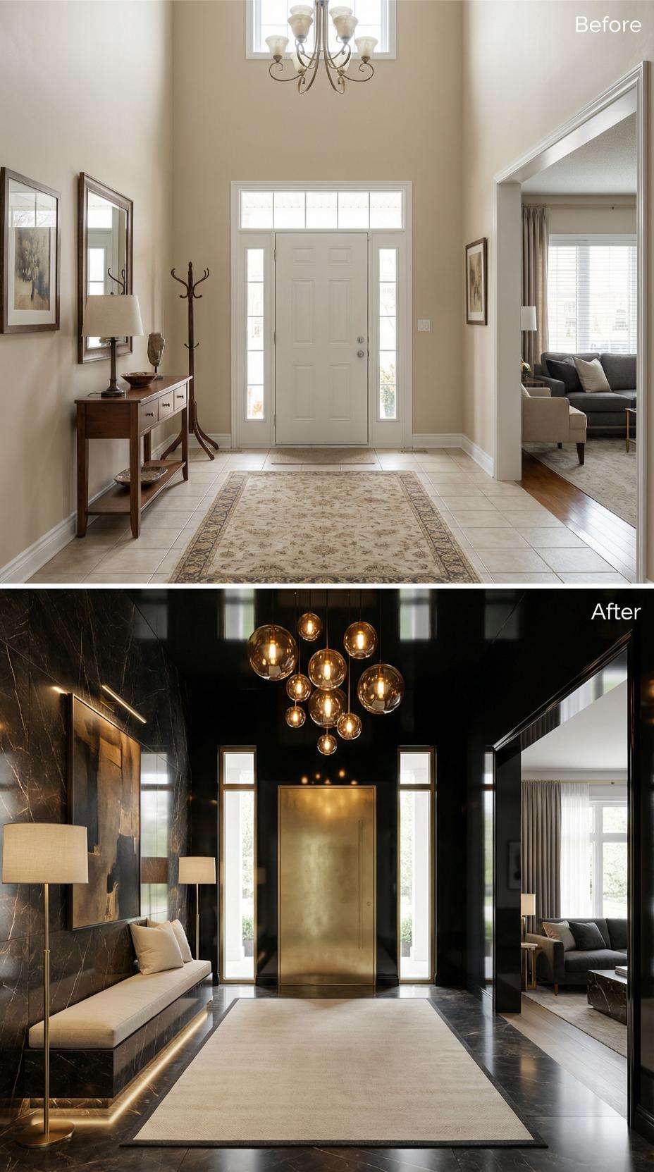 Black Marble Walls and Bronze Door Panel Anchor Amber Chandelier Entry
