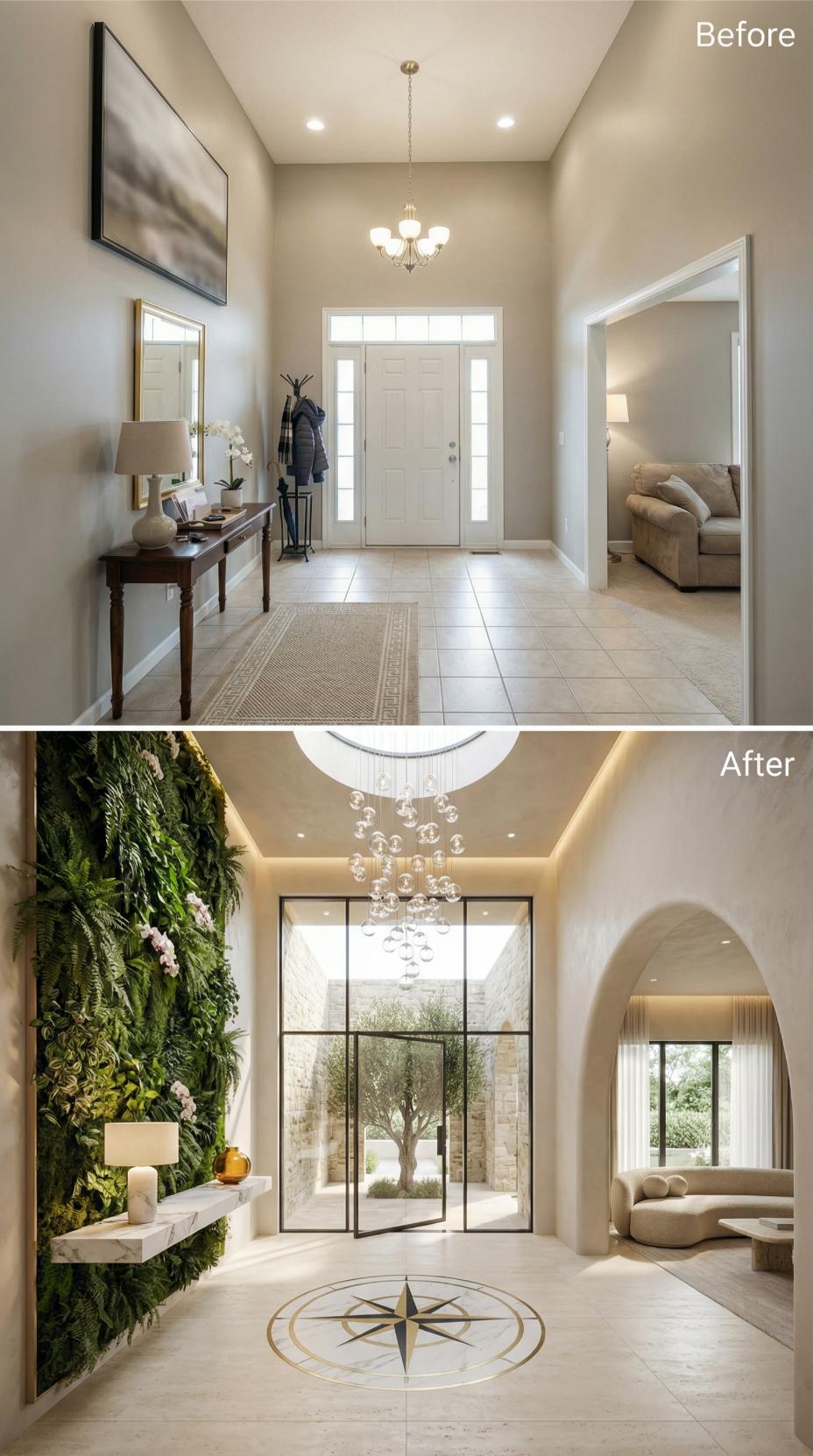 Living Green Wall Meets Black Steel Doors and Compass Rose Inlay