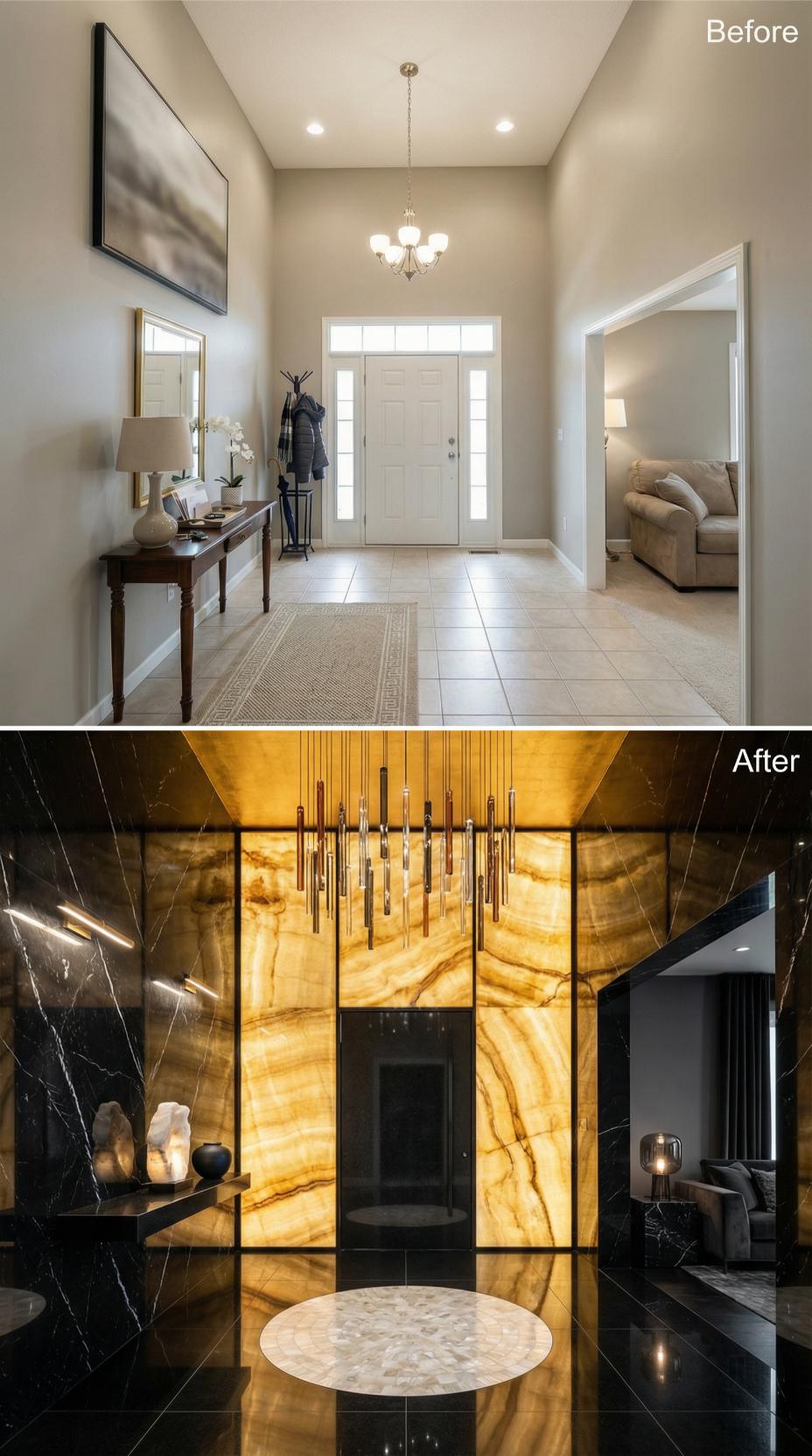 Backlit Onyx Feature Wall with Black Marble Framing and Tubular Pendant