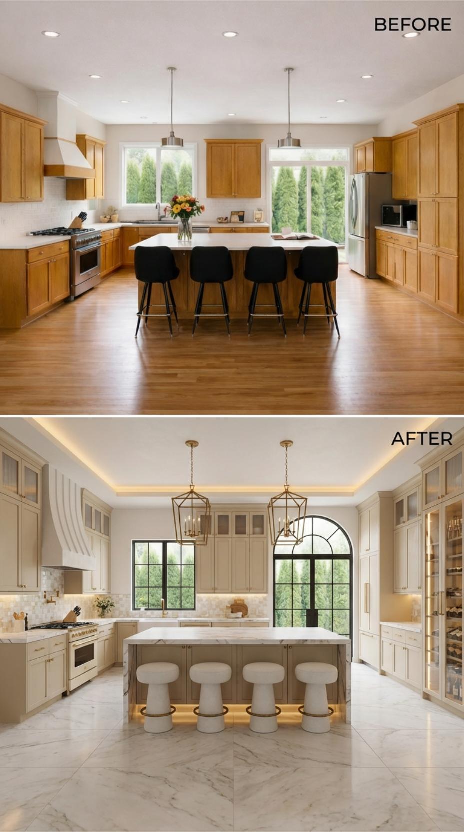 Honey Oak Cabinetry Swept Away for Taupe Paneling and Arched Steel Doors