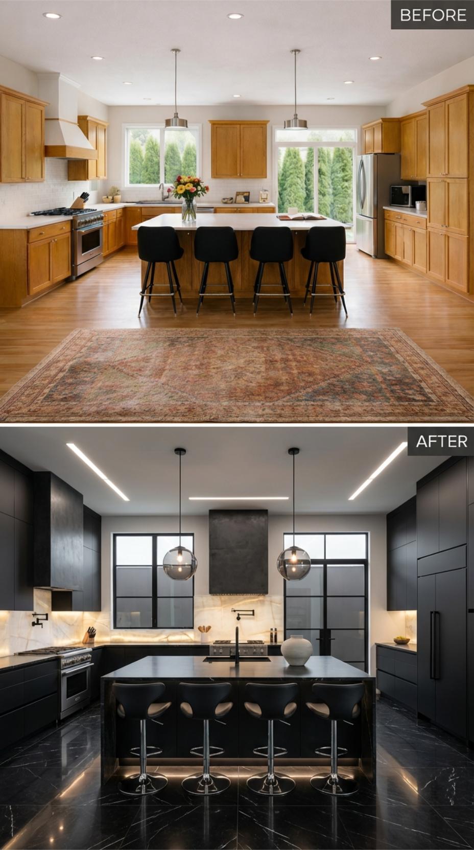 Glossy Black Slab Cabinetry and Linear Ceiling Strips Replace Honey Oak