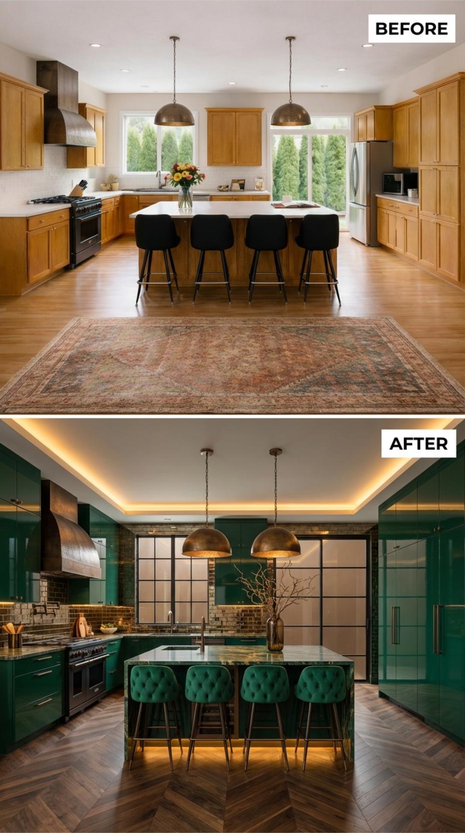 Herringbone Wood Floors and Glossy Emerald Cabinets Replace Honey Oak and Persian Rug