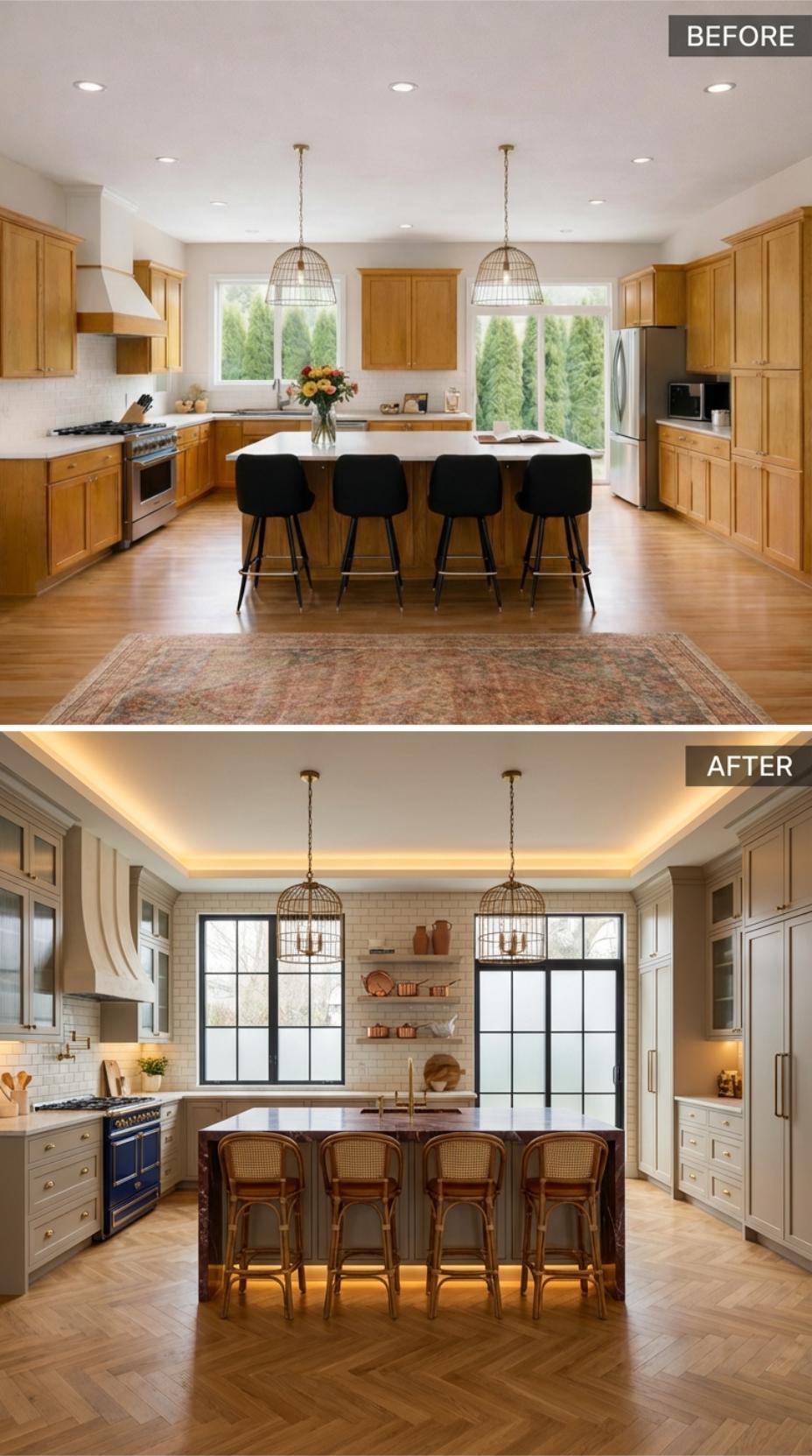 Tray Ceiling Cove Lighting and Cane Back Stools Replace Flat White Expanse