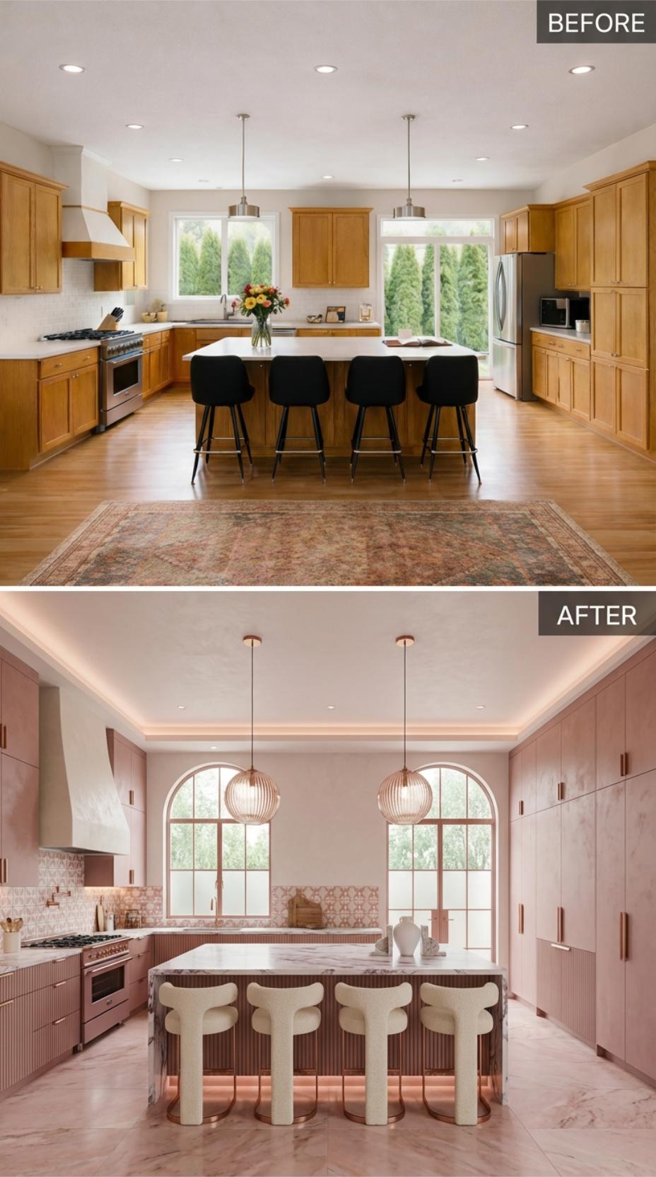 Blush Pink Cabinets and Arched Steel Windows Overtake Golden Oak
