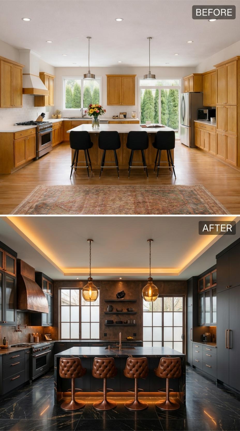 Tray Ceiling Cove Lighting and Tufted Leather Stools Override Blonde Oak