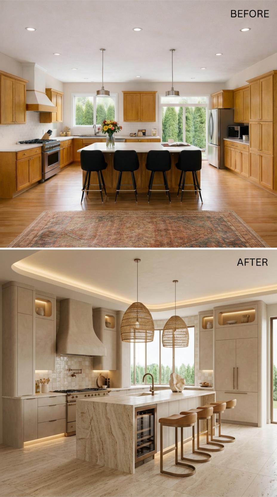 Woven Rattan Pendants and Travertine Island Base Replace Metal Fixtures