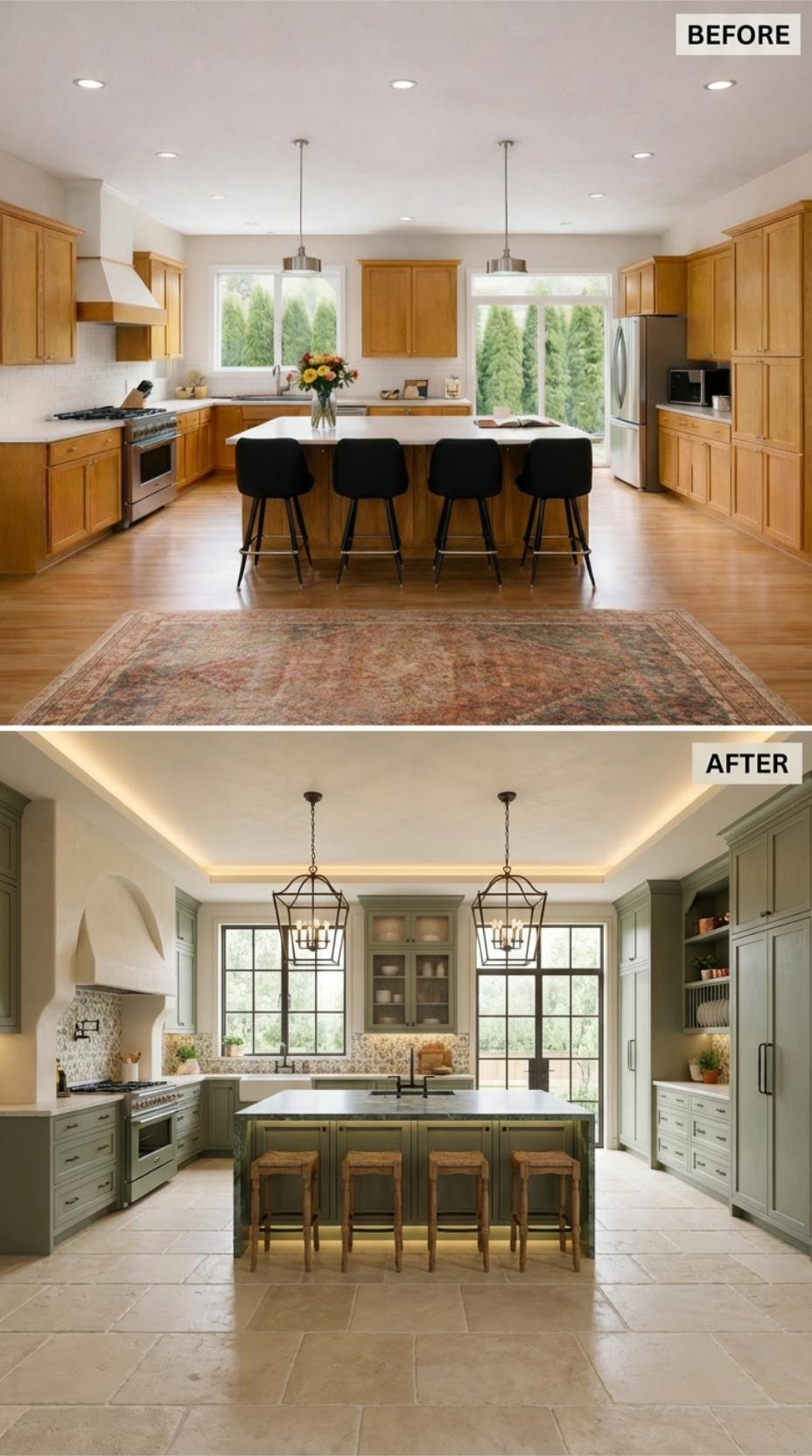 Sage Shaker Cabinets and Lantern Chandeliers Trade Places with Honey Oak