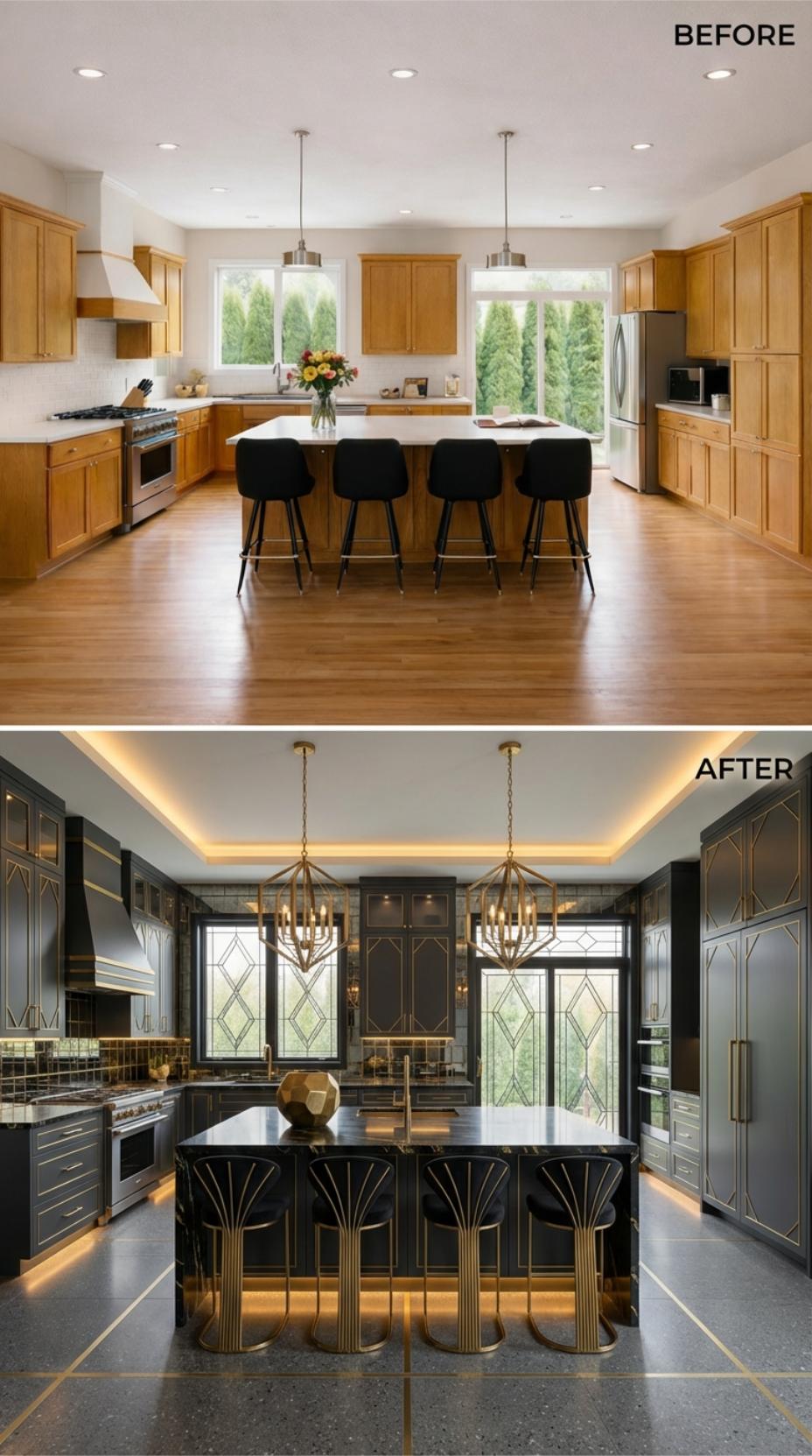 Champagne Gold Trim and Art Deco Stools Override Light Oak Simplicity