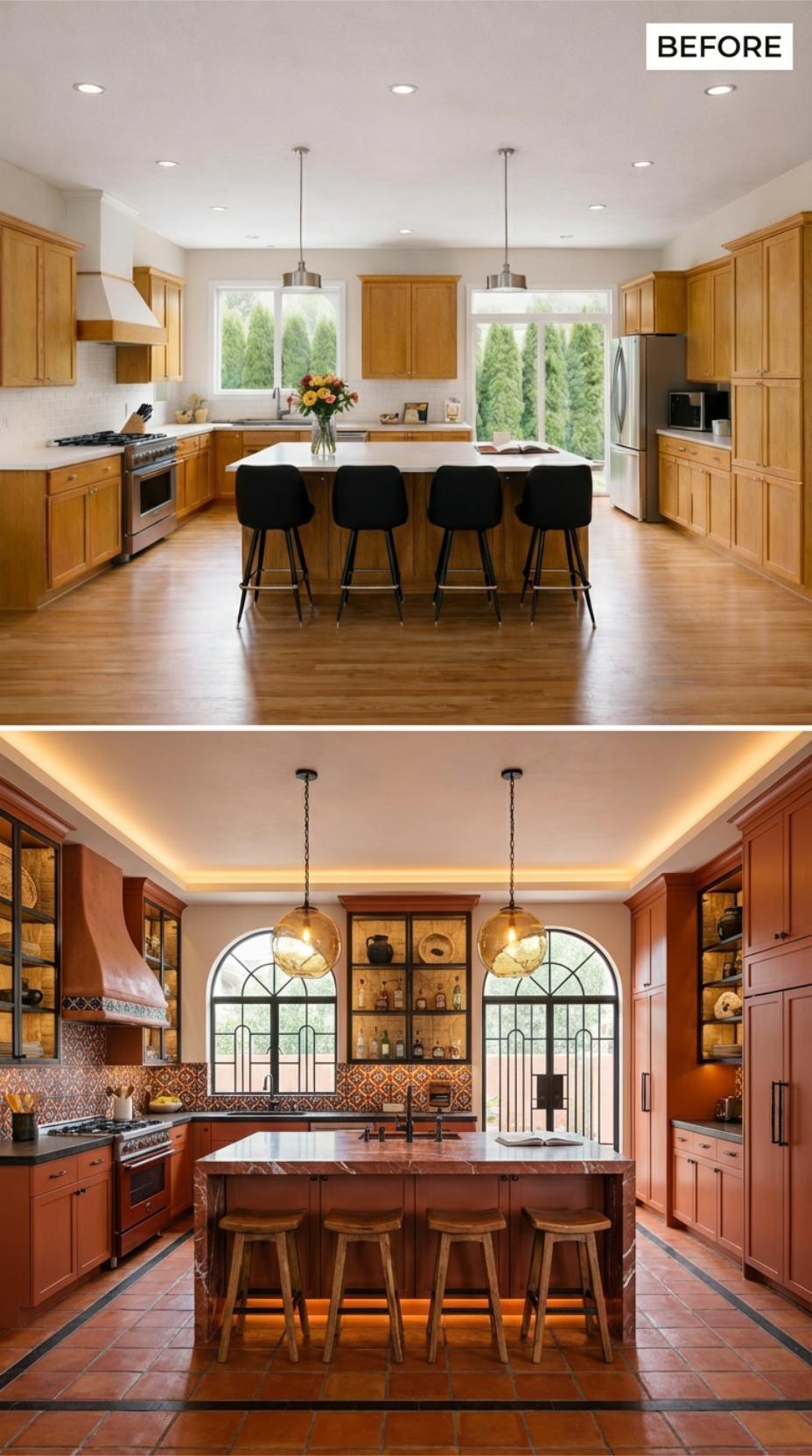 Cove Lit Tray Ceiling and Terracotta Tile Floor Override Blonde Oak