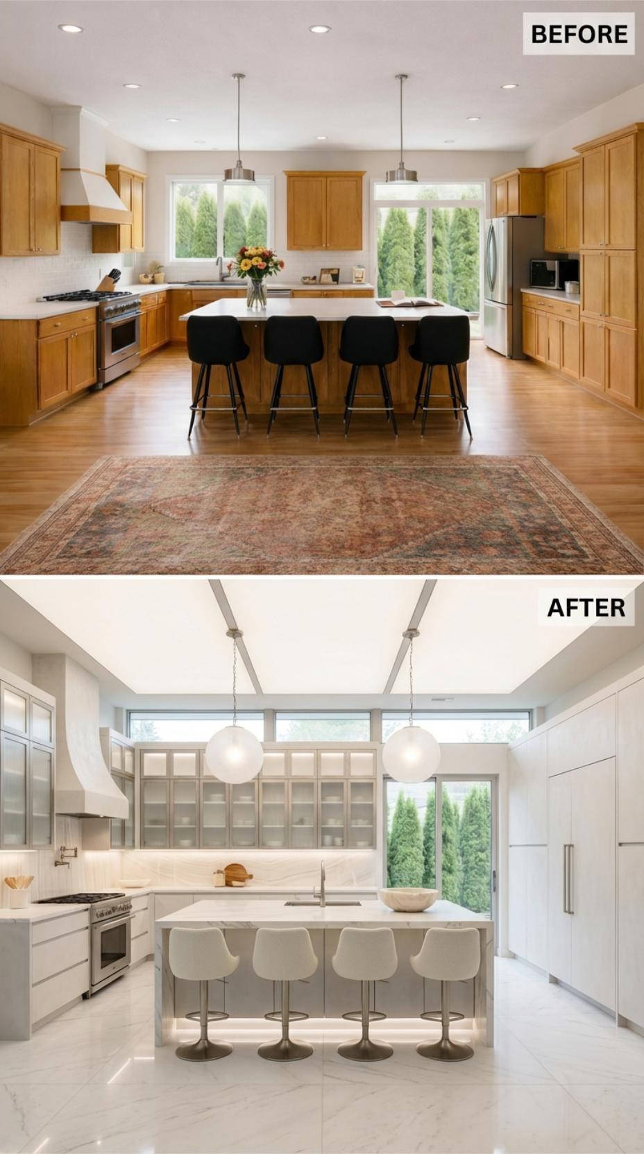 Frosted Glass Uppers and Globe Pendants Displace Warm Oak Perimeter