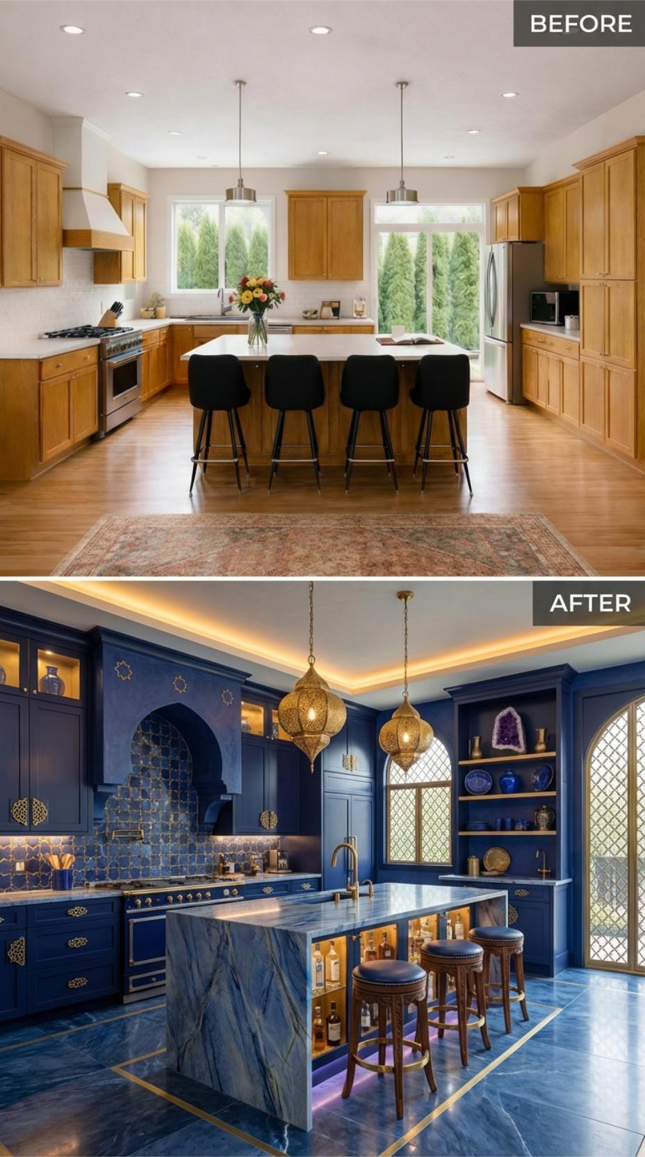 Moroccan Blue Cabinetry and Brass Lantern Pendants Overtake Natural Oak