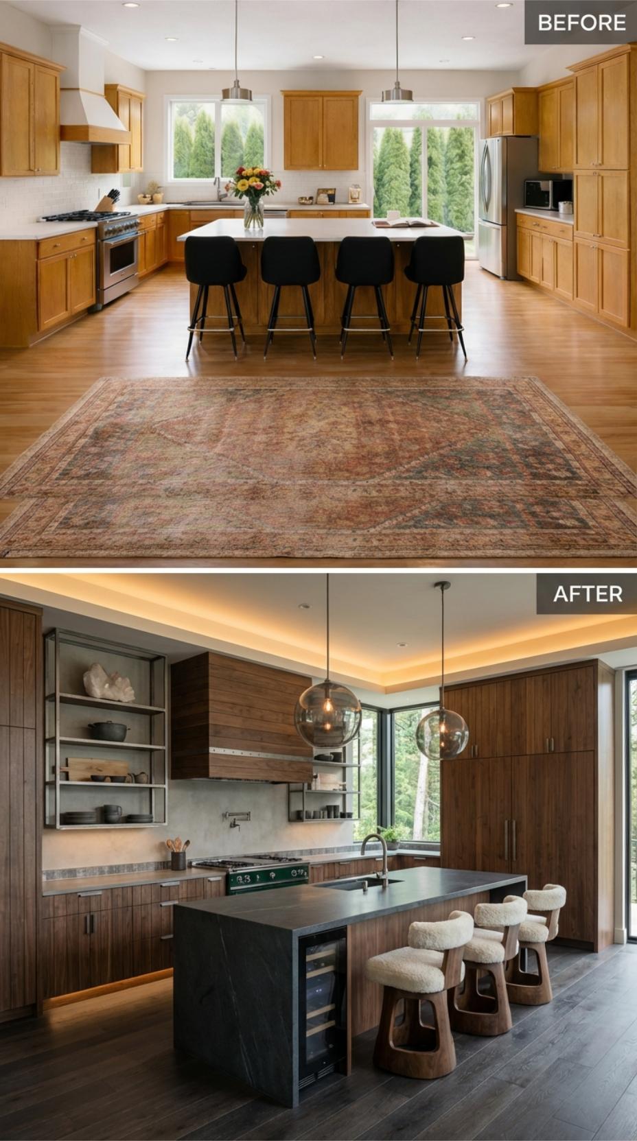 Walnut Slab Fronts and Charcoal Island with Wine Cooler Erase Oak