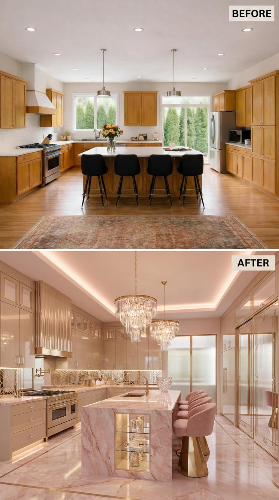 Crystal Chandeliers and Rose Quartz Waterfall Island Replace Maple Shaker