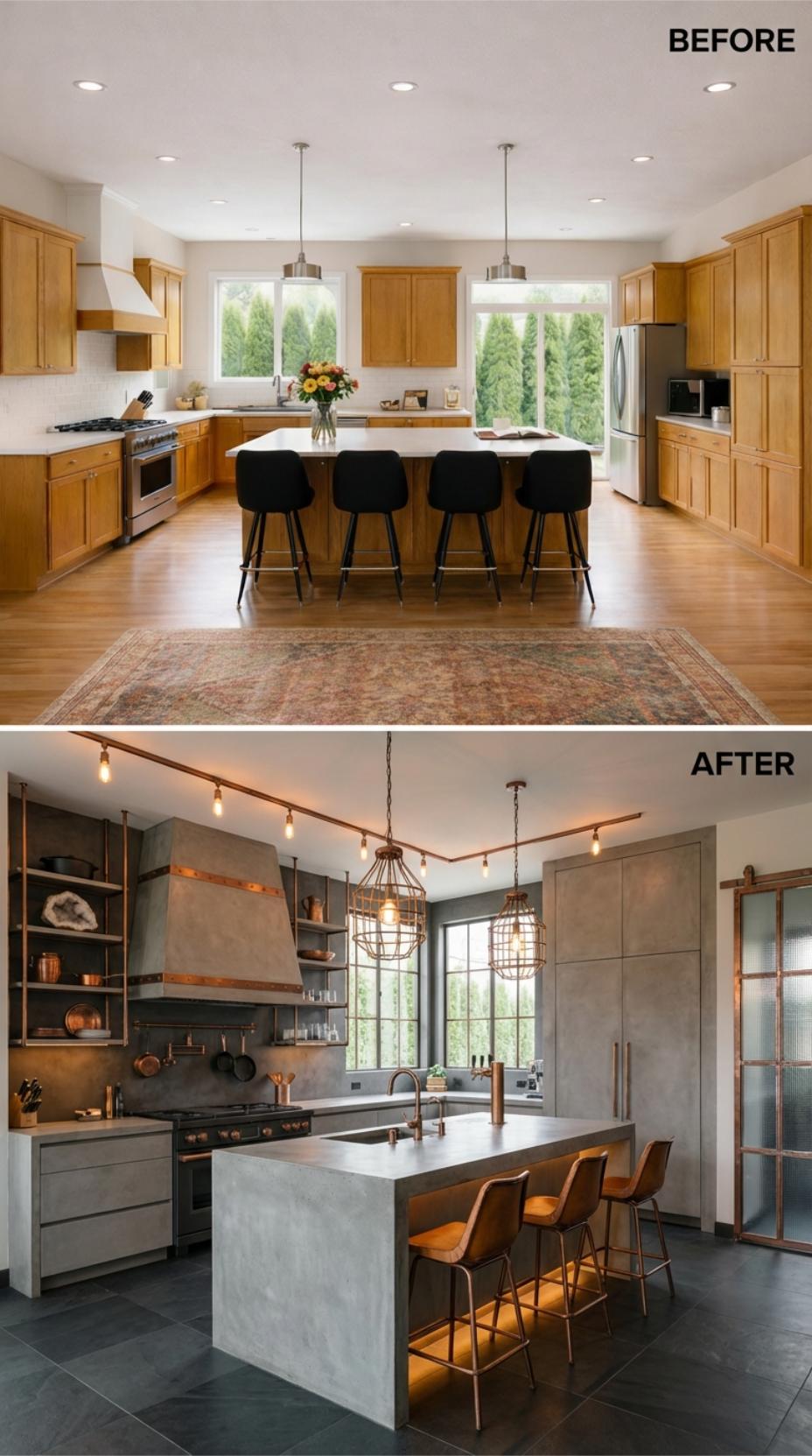 Gray Concrete Panels and Track Lighting with Copper Accents Replace Oak