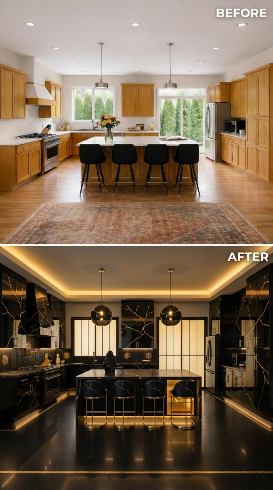 Black Lacquer Cabinets and Gold Branch Murals Obliterate Honey Oak