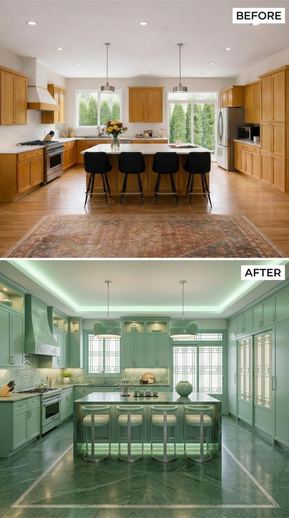 Sage Green Shaker Cabinets and Decorative Ceiling Cove Erase Oak