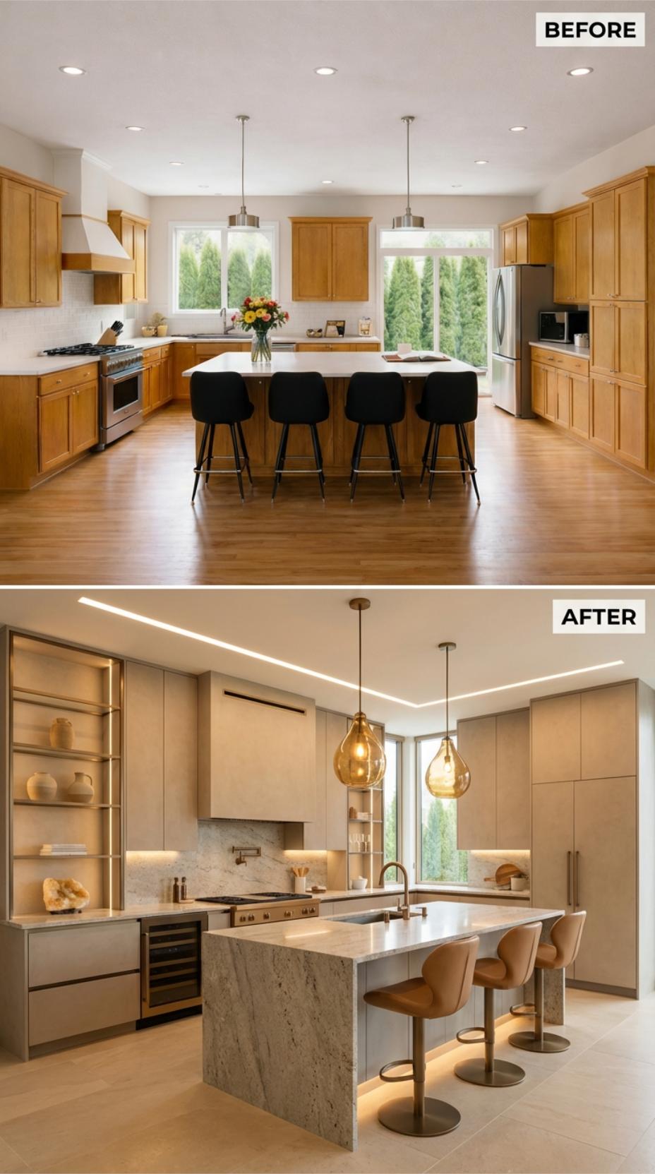 Champagne Gold Pendants and Limestone Waterfall Island Retire Oak Shaker