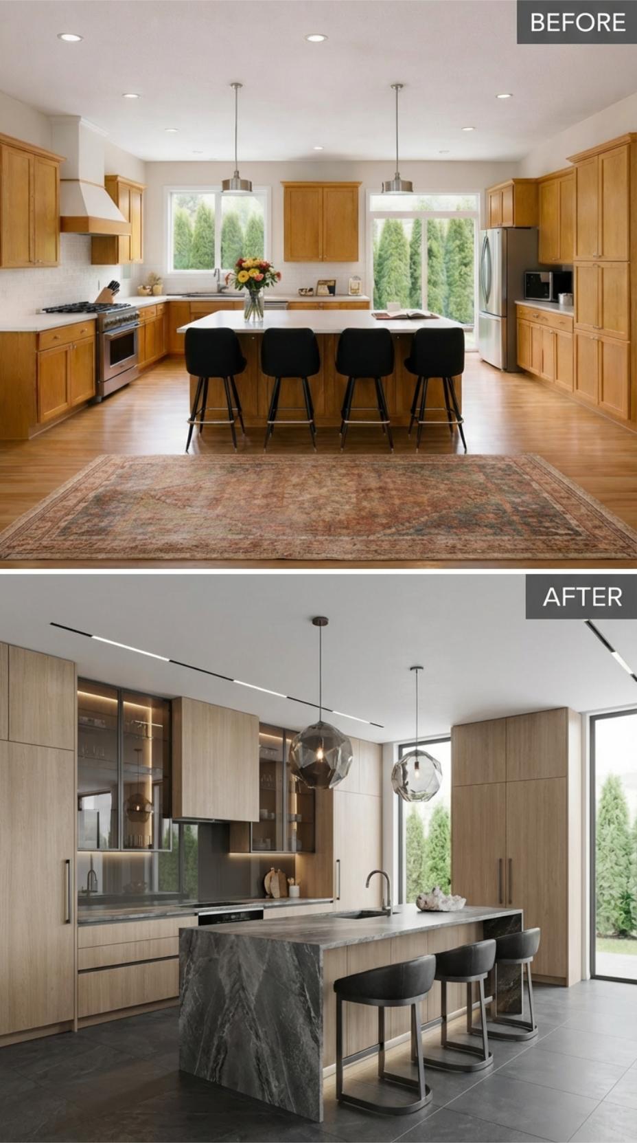 Linear Slot Lighting and Smoked Glass Pendants Displace Traditional Shaker