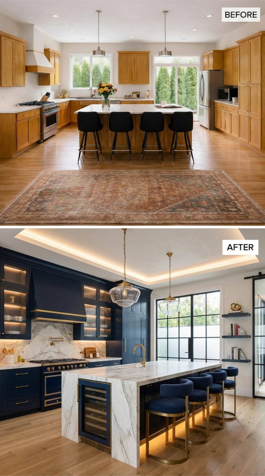 Navy Cabinets with Brass Rails and Marble Waterfall Island Displace Oak