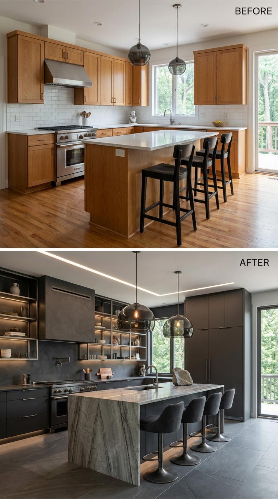 Charcoal Slab Cabinets and Book-Matched Island Waterfall Replace Oak