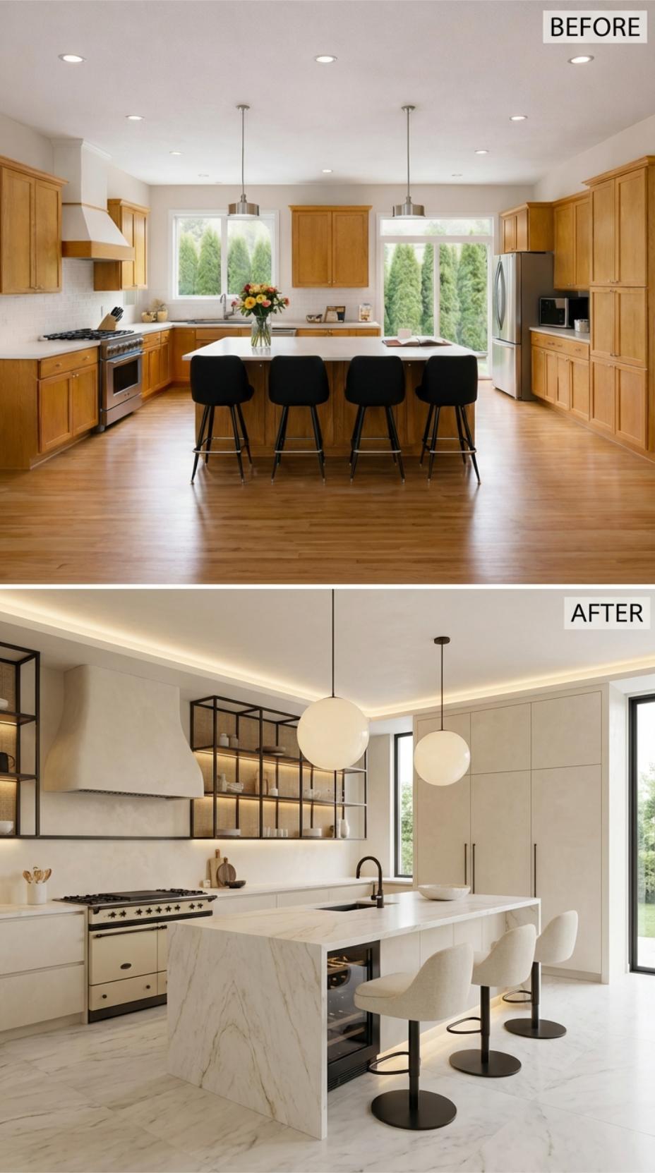 Cream Slab Cabinets and Cove Lighting with Quartz Waterfall Erase Oak