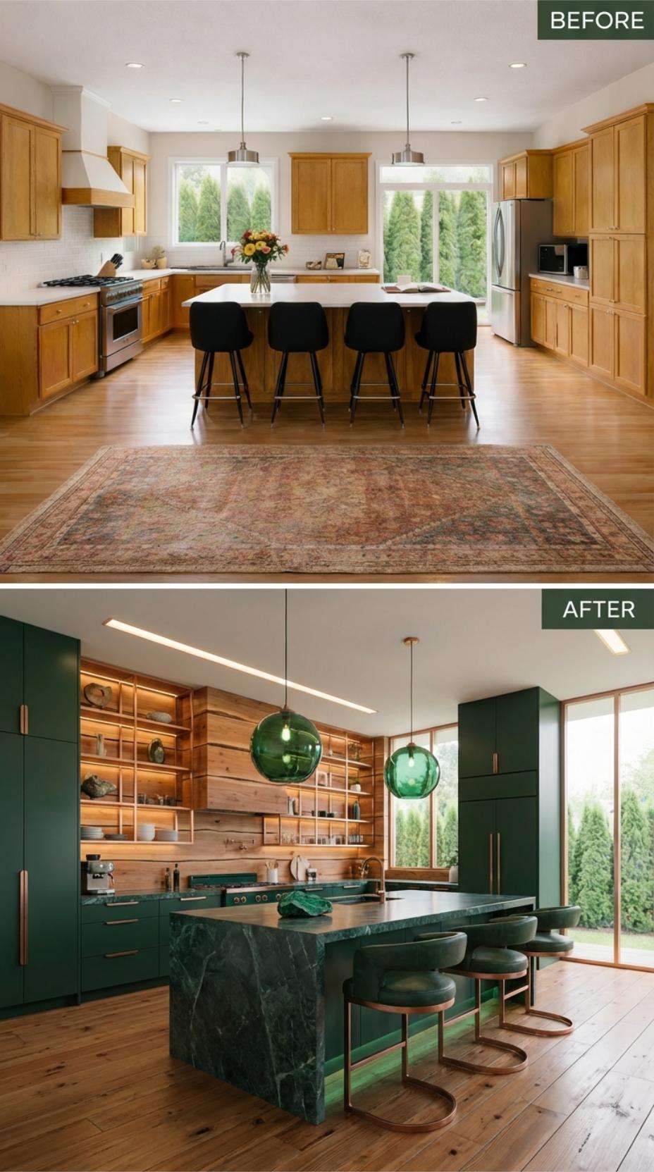 Emerald Slab Cabinets and Green Marble Waterfall Erase Builder Oak