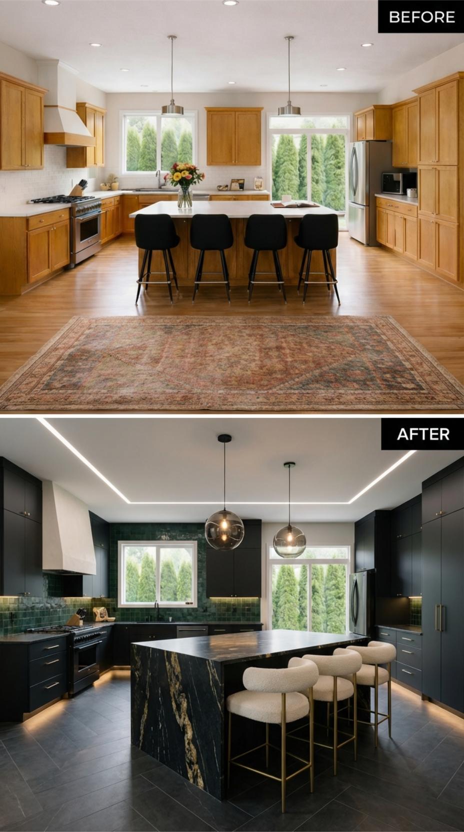 Black Slab Cabinets and Emerald Subway Tile Create Moody Contrast
