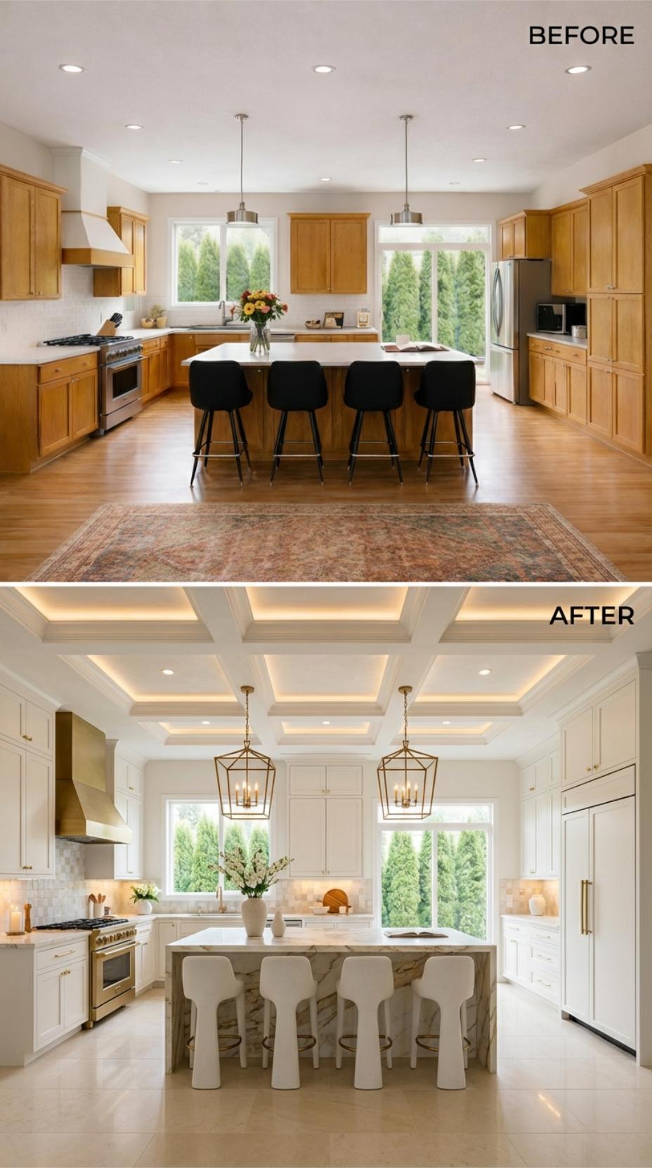 Coffered Ceiling with LED Cove Lighting Replaces Flat Drywall Above