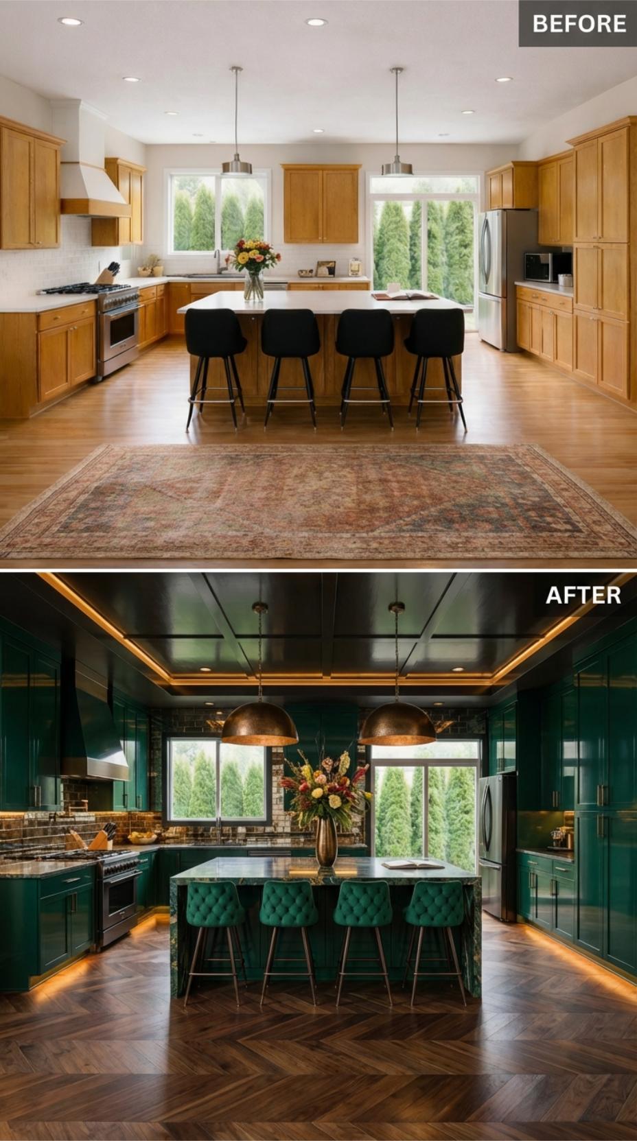 Light Natural Oak Transforms Into Glossy Emerald Lacquer and Gold Accents