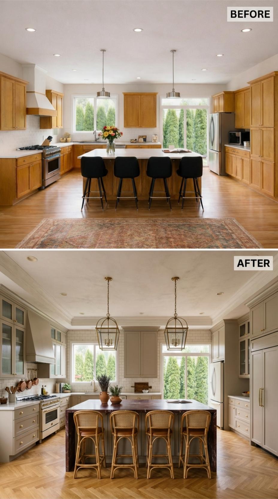 Pale Sage Shaker Cabinets and Lantern Pendants Replace Modern Black Stools