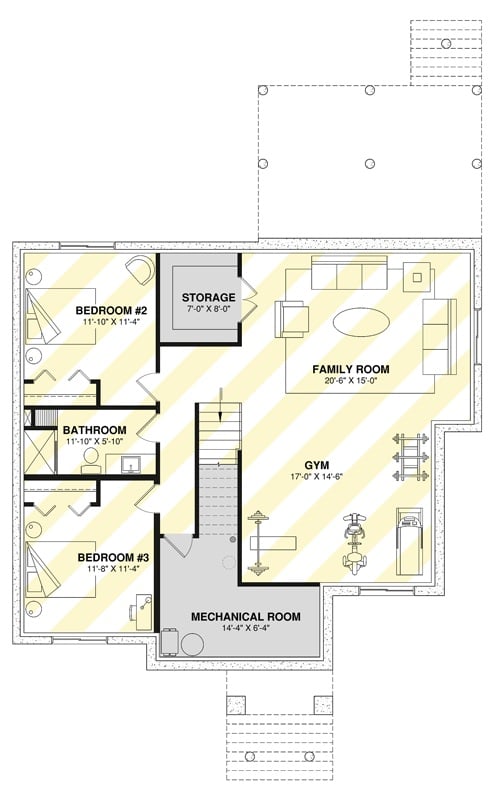 Basement Floor Plan: Three Bedrooms Downstairs Give Kids Space to Spread Out Away From Adults