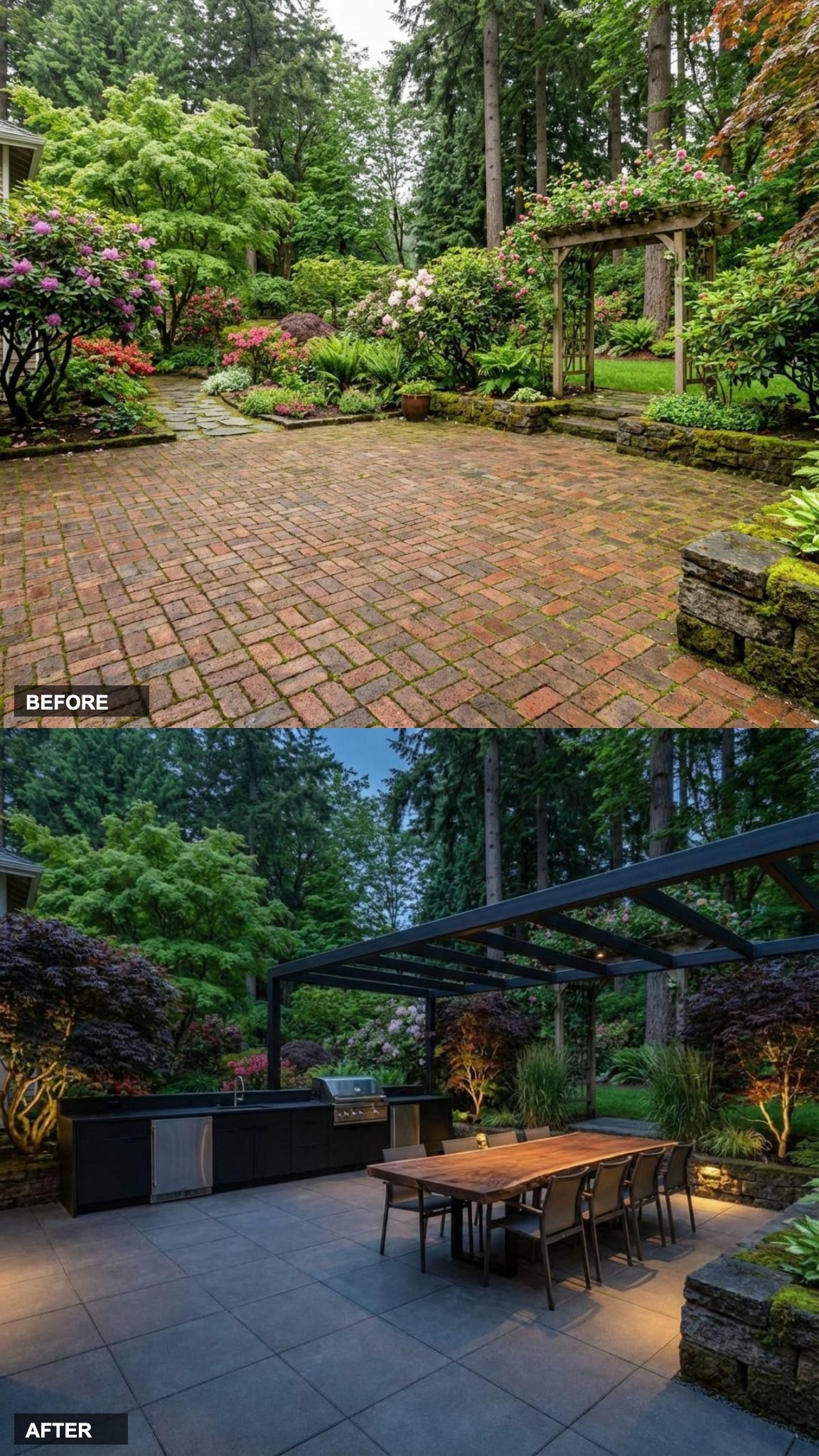 From Crumbling Brick to a Moody Charcoal Concrete Outdoor Kitchen Pavilion