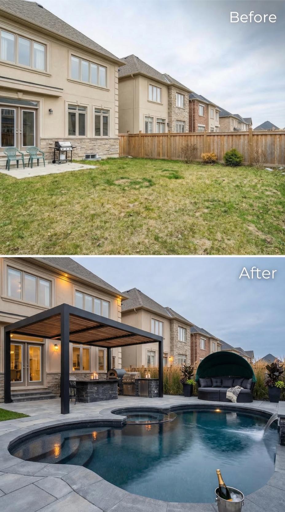 Flat Lawn to Freeform Pool With Pergola, Pizza Oven, and Hot Tub Attached
