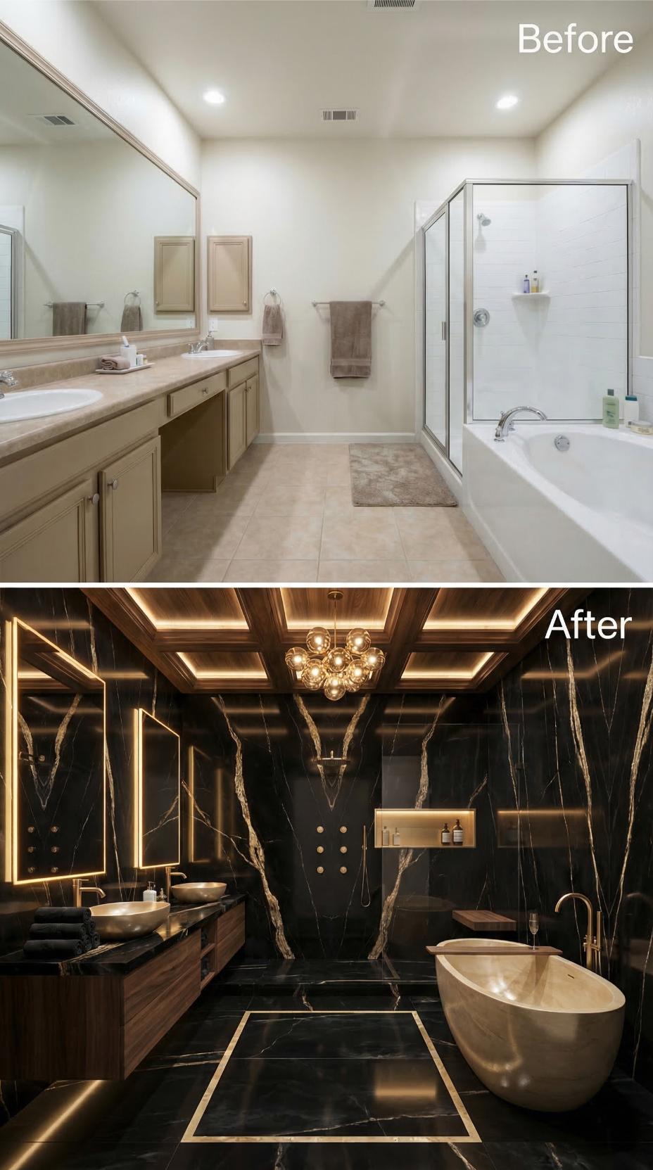 From Beige Builder Grade to Black Marble Drama in One Master Bath