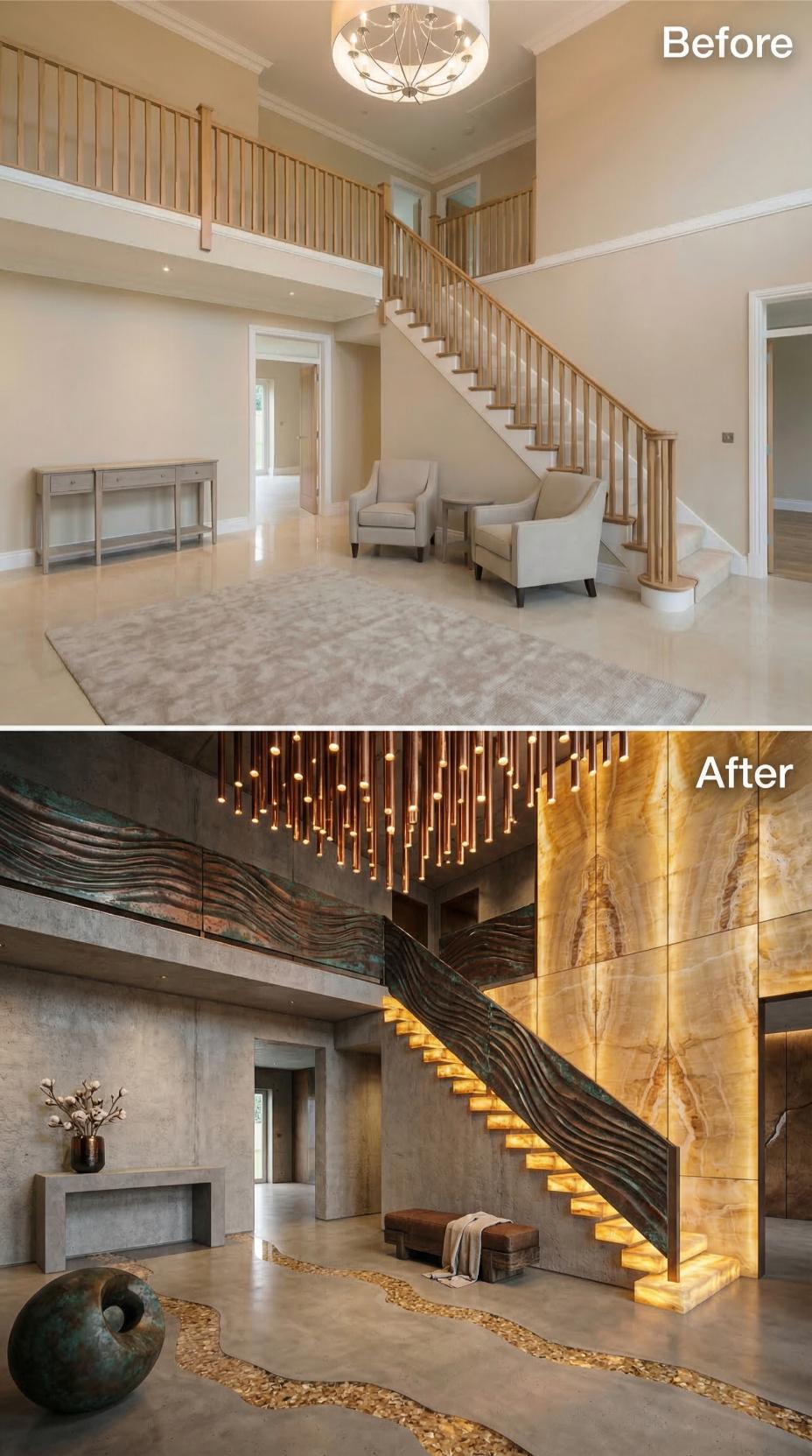 Bare Builder Foyer Traded for Backlit Onyx, Bronze Railings, and Pendant Tubes