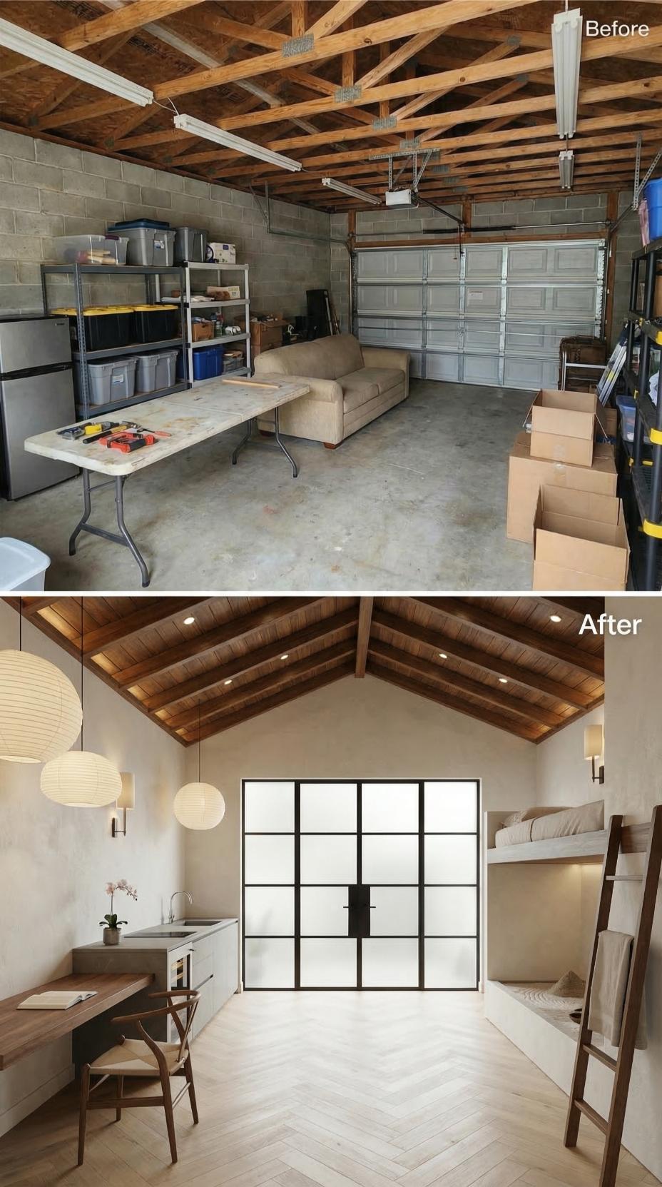 Bare Cinder Block to Vaulted Zen Studio in One Garage Conversion