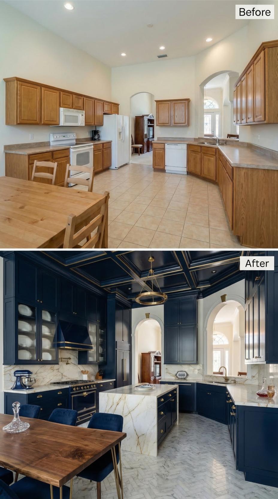 Navy Cabinets and Gold Trim Replace Oak in a Bold Kitchen Overhaul